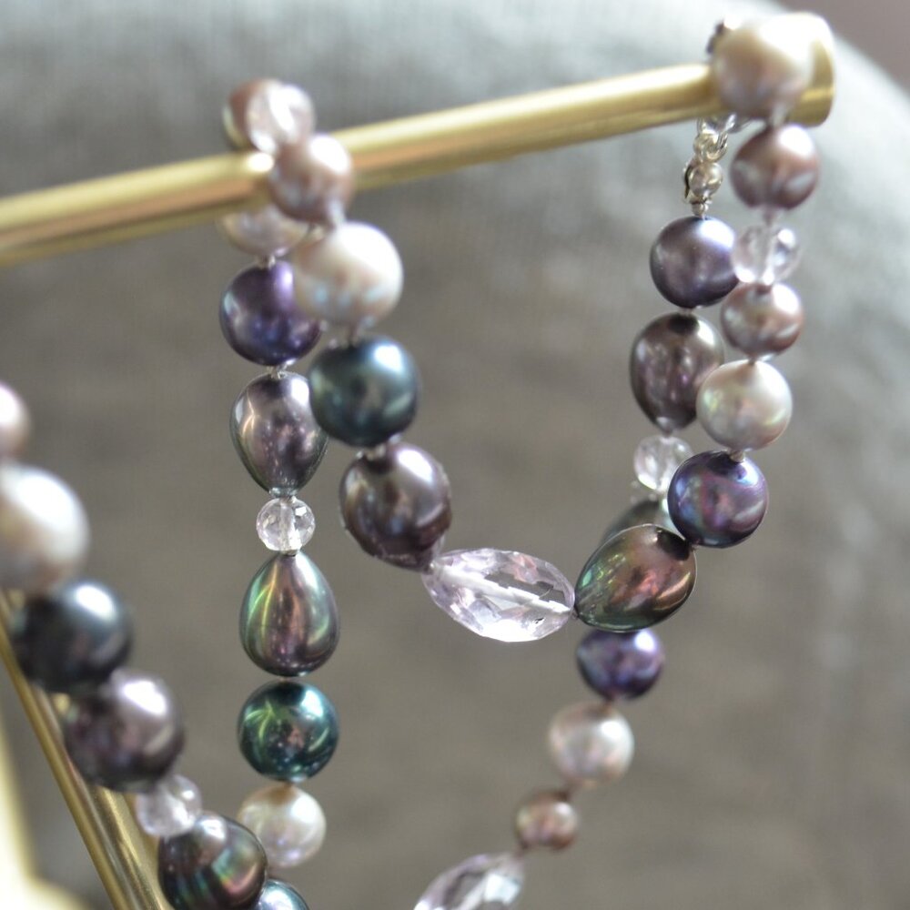 Hand Knotted Necklace with Peacock Pearls and Gemstones - Handmade